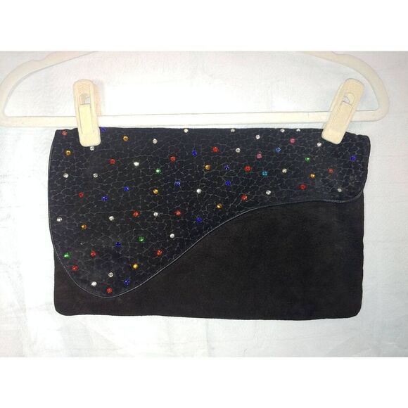 Vintage Women's Black Suede Multicolored Rhinestone Embellished Clutch Bag - Picture 1 of 6
